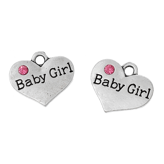 Picture of Zinc Metal Alloy Charm Pendants Heart Antique Silver Message " Baby Girl " Carved Pink Rhinestone 17mm( 5/8") x 15mm( 5/8"), 20 PCs