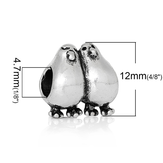 Image de Perles à Gros Trou au Style Européen en Alliage de Zinc Oiseau Argent Antique 12mm x 12mm, Tailles de Trous: 4.7mm, 20 Pcs