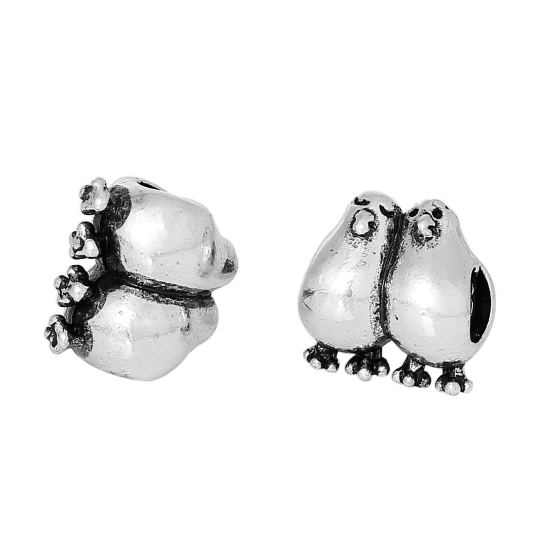 Image de Perles à Gros Trou au Style Européen en Alliage de Zinc Oiseau Argent Antique 12mm x 12mm, Tailles de Trous: 4.7mm, 20 Pcs