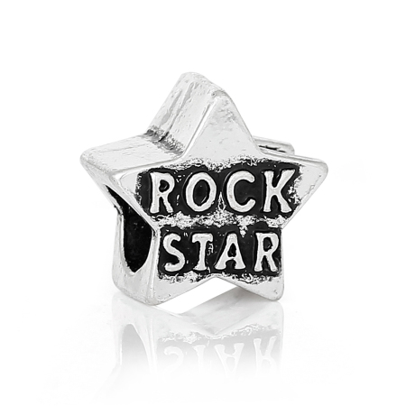 Aleación del Metal Del Zinc de Estilo Europeo Cuentas Agujeros Grandes Estrella Plata Antigua Diamantes de imitación Mensaje Patrón Rock Star Aprox 12mm x 12mm, Agujero: acerca de 5.2mm, 20 Unidades