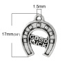 Picture of Zinc Based Alloy Charms Horseshoe Antique Silver Color Message " GOOD LUCK " Carved 17mm( 5/8") x 14mm( 4/8"), 100 PCs