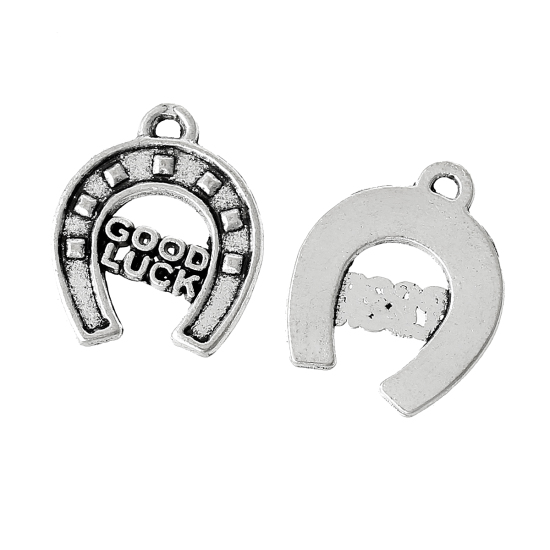 Picture of Zinc Based Alloy Charms Horseshoe Antique Silver Color Message " GOOD LUCK " Carved 17mm( 5/8") x 14mm( 4/8"), 100 PCs