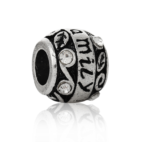 Immagine di 1 Pz Lega di Zinco Gioielli di Famiglia Perline di Fascino con Foro Grande in Stile Europeo Argento Antico Barile Trasparente Strass 11mm x 9mm, Foro:Circa 5.3mm