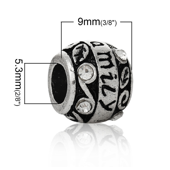 Immagine di 1 Pz Lega di Zinco Gioielli di Famiglia Perline di Fascino con Foro Grande in Stile Europeo Argento Antico Barile Trasparente Strass 11mm x 9mm, Foro:Circa 5.3mm