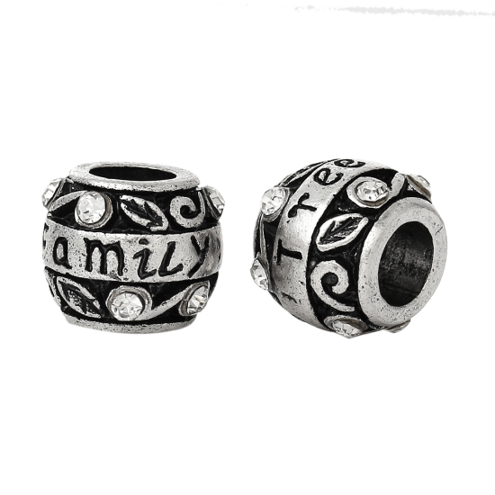 Immagine di 1 Pz Lega di Zinco Gioielli di Famiglia Perline di Fascino con Foro Grande in Stile Europeo Argento Antico Barile Trasparente Strass 11mm x 9mm, Foro:Circa 5.3mm