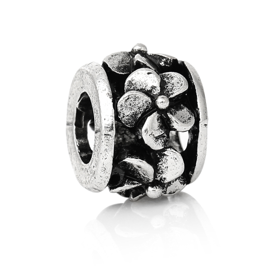 Immagine di Lega di Zinco Stile EuropeoFascino Perline Tondo Argento Antico Fiore Scolpito Circa 12mm x 9mm, Foro: Circa 5.3mm, 10 Pz