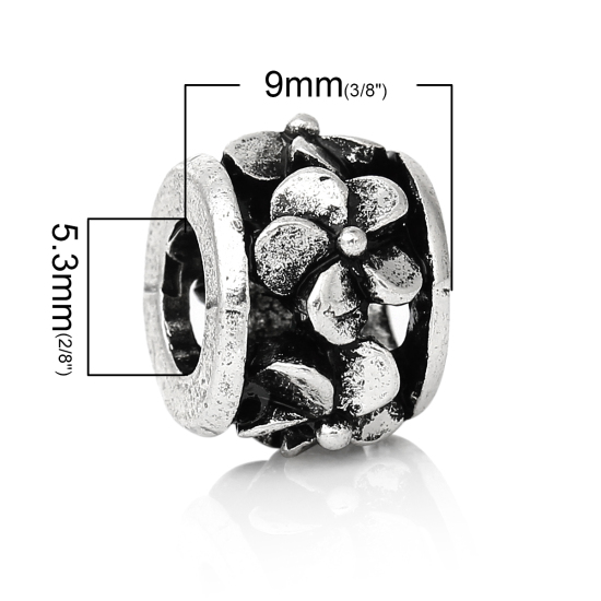 Immagine di Lega di Zinco Stile EuropeoFascino Perline Tondo Argento Antico Fiore Scolpito Circa 12mm x 9mm, Foro: Circa 5.3mm, 10 Pz