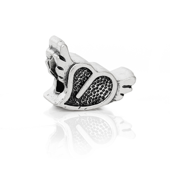 Picture of 2 PCs Zinc Based Alloy Valentine's Day European Style Large Hole Charm Beads Antique Silver Color Heart Wing 15mm x 10mm, Hole: Approx 5.1mm