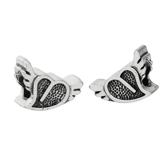Picture of 2 PCs Zinc Based Alloy Valentine's Day European Style Large Hole Charm Beads Antique Silver Color Heart Wing 15mm x 10mm, Hole: Approx 5.1mm