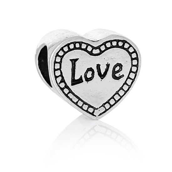 Bild von Zinklegierung European Stil Charm Großlochperlen Herz Antik Silber Message "LOVE" Muster Geschnitzt etwa 12mm x 11mm, Loch:Ca 5.4mm, 10 Stücke