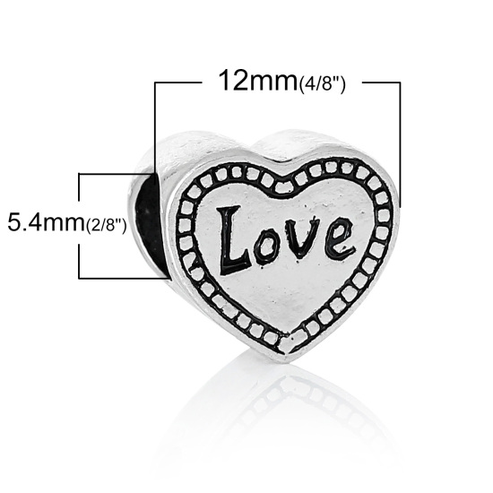 Bild von Zinklegierung European Stil Charm Großlochperlen Herz Antik Silber Message "LOVE" Muster Geschnitzt etwa 12mm x 11mm, Loch:Ca 5.4mm, 10 Stücke