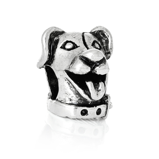 Picture of Zinc Metal Alloy European Style Large Hole Charm Beads Dog Head Antique Silver Color About 13mm x 12mm, Hole: Approx 5.3mm, 10 PCs