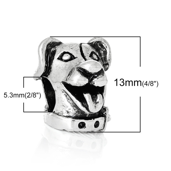 Picture of Zinc Metal Alloy European Style Large Hole Charm Beads Dog Head Antique Silver Color About 13mm x 12mm, Hole: Approx 5.3mm, 10 PCs
