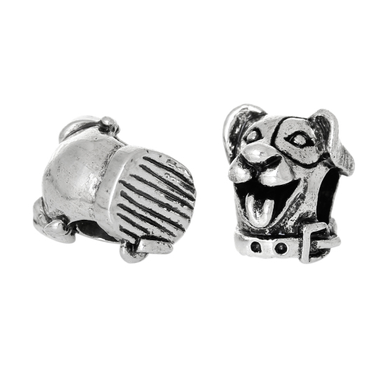 Picture of Zinc Metal Alloy European Style Large Hole Charm Beads Dog Head Antique Silver Color About 13mm x 12mm, Hole: Approx 5.3mm, 10 PCs