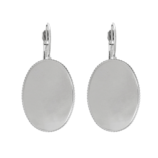 Image de Boucles d'Oreilles Clips Supports à Cabochons en Laiton Forme Ovale Argent Mat (Cabochon Rapportable 25mm x 18mm) 3.8cm x 1.9cm, Epaisseur de Fil: (18 gauge), 20 Pcs