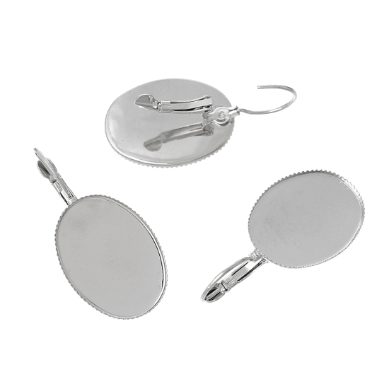 Image de Boucles d'Oreilles Clips Supports à Cabochons en Laiton Forme Ovale Argent Mat (Cabochon Rapportable 25mm x 18mm) 3.8cm x 1.9cm, Epaisseur de Fil: (18 gauge), 20 Pcs