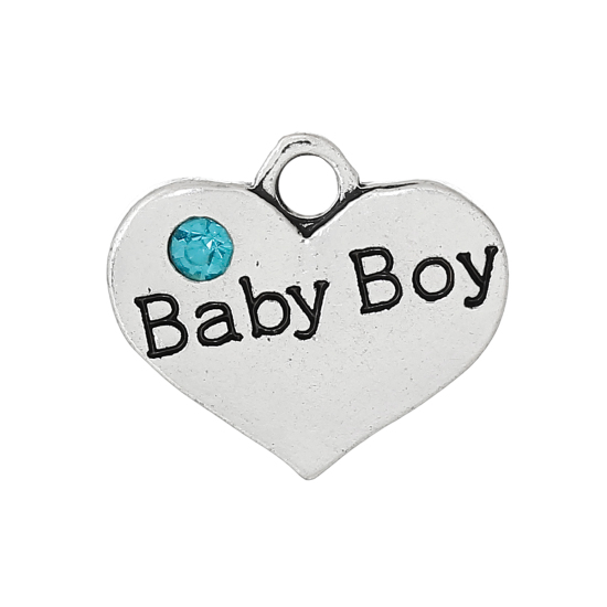 Picture of Zinc Based Alloy Charms Heart Antique Silver Message " Baby Boy " Carved Skyblue Rhinestone 16mm( 5/8") x 14mm( 4/8"), 20 PCs