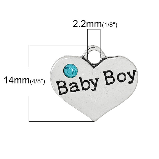 Picture of Zinc Based Alloy Charms Heart Antique Silver Message " Baby Boy " Carved Skyblue Rhinestone 16mm( 5/8") x 14mm( 4/8"), 20 PCs