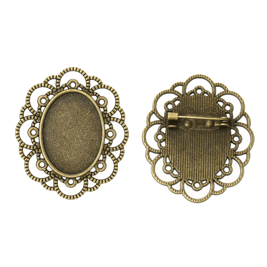 Picture of Zinc Based Alloy Pin Brooches Findings Oval Antique Bronze Cabochon Settings (Fits 25mm x 18mm) 4cm x 3.4cm(1 5/8" x1 3/8"), 10 PCs