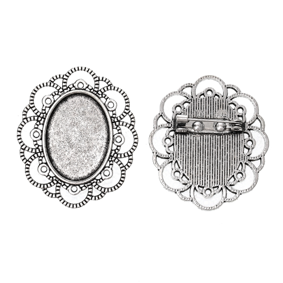 Picture of Zinc Based Alloy Pin Brooches Findings Oval Antique Silver Color Cabochon Settings (Fits 25mm x 18mm) 4cm x 3.4cm(1 5/8" x1 3/8"), 10 PCs