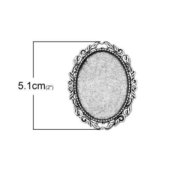 Picture of Zinc Based Alloy Pin Brooches Findings Oval Antique Silver Color Cabochon Settings (Fits 4cm x 3cm) 5.1cm x 4cm(2" x1 5/8"), 5 PCs