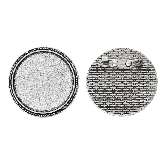 Picture of Zinc Based Alloy Pin Brooches Findings Round Antique Silver Color Cabochon Settings (Fits 30mm Dia.) 3.5cm(1 3/8") Dia., 10 PCs