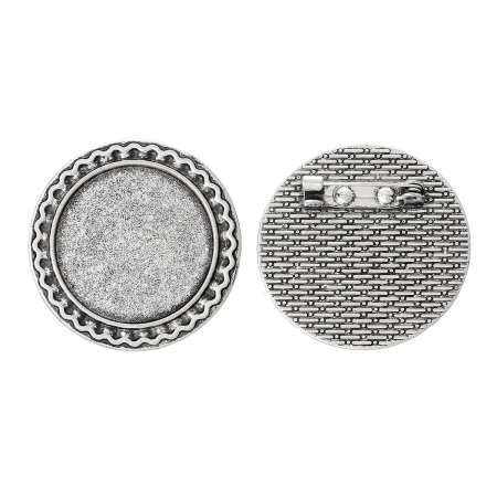 Zinc Based Alloy Pin Brooches Findings Round Antique Silver Color Cabochon Settings (Fits 25mm Dia.) 3.4cm(1 3/8") Dia., 10 PCs