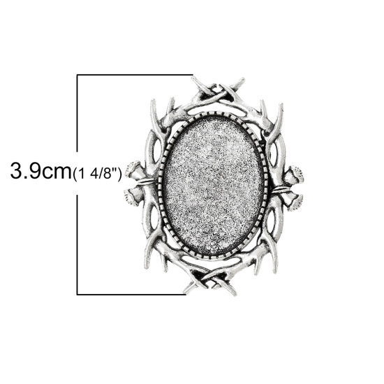 Picture of Zinc Based Alloy Pin Brooches Findings Oval Antique Silver Color Cabochon Settings (Fits 25mm x 18mm) Branch Carved 3.9cm x 3.2cm(1 4/8" x1 2/8"), 10 PCs