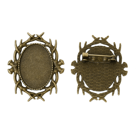 Zinc Based Alloy Pin Brooches Findings Oval Antique Bronze Branch Carved Cabochon Settings (Fits 25mm x 18mm) 3.9cm(1 4/8") x 3.2cm(1 2/8"), 10 PCs