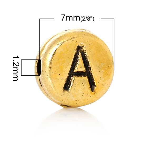 Immagine di Lega di Zinco Separatori Perline Tondo Piatto Oro Antico Lettera Scolpisce Circa 7mm Dia, Foro:Circa 1.2mm, 100 Pz