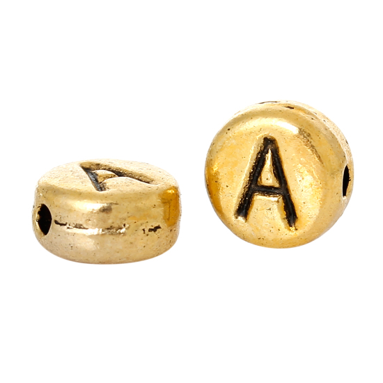 Immagine di Lega di Zinco Separatori Perline Tondo Piatto Oro Antico Lettera Scolpisce Circa 7mm Dia, Foro:Circa 1.2mm, 100 Pz