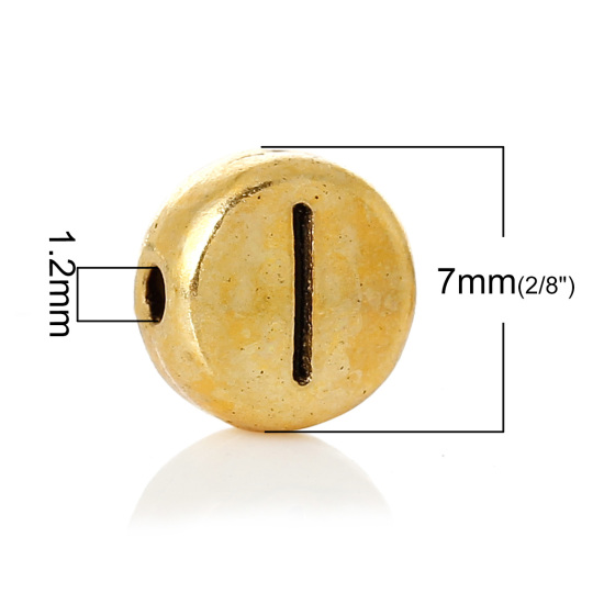Immagine di Lega di Zinco Separatori Perline Tondo Piatto Oro Antico Lettera Scolpisce Circa 7mm Dia, Foro:Circa 1.2mm, 100 Pz