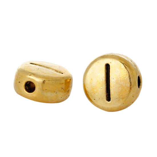 Immagine di Lega di Zinco Separatori Perline Tondo Piatto Oro Antico Lettera Scolpisce Circa 7mm Dia, Foro:Circa 1.2mm, 100 Pz