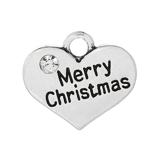 Picture of Zinc Metal Alloy Charm Pendants Heart Antique Silver Message " Merry Christmas " Carved Clear Rhinestone 17mm( 5/8") x 14mm( 4/8"), 20 PCs