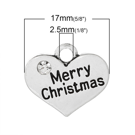 Picture of Zinc Metal Alloy Charm Pendants Heart Antique Silver Message " Merry Christmas " Carved Clear Rhinestone 17mm( 5/8") x 14mm( 4/8"), 20 PCs