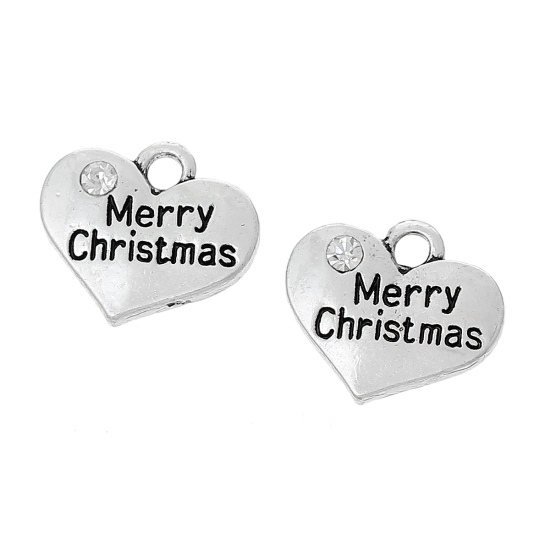 Picture of Zinc Metal Alloy Charm Pendants Heart Antique Silver Message " Merry Christmas " Carved Clear Rhinestone 17mm( 5/8") x 14mm( 4/8"), 20 PCs