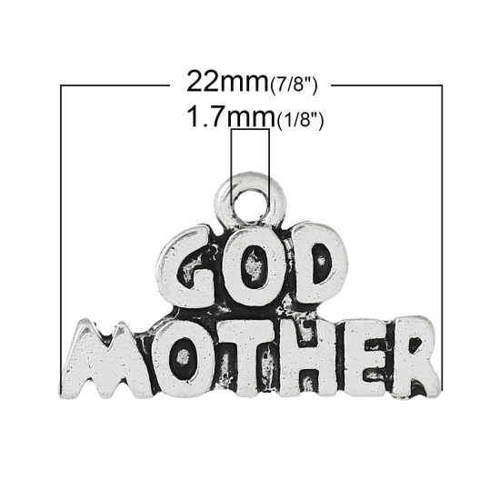 Immagine di Lega di Zinco Charm Ciondoli Lettera Argento Antico Lettere Scolpito " God Mother " 22mm x 13mm , 50 Pz
