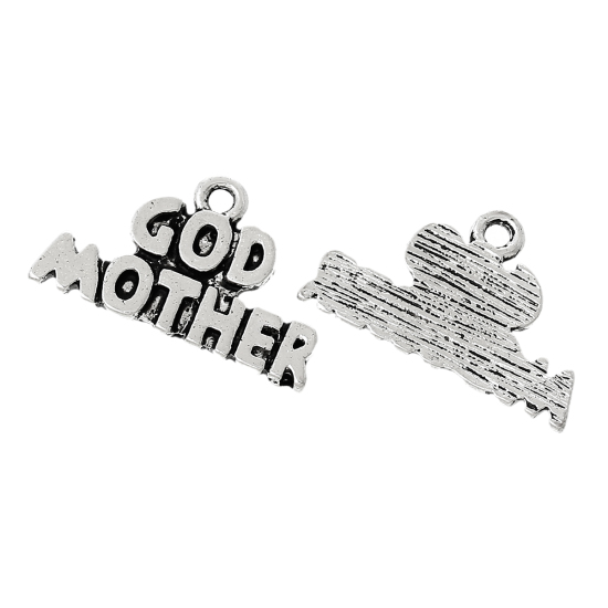 Immagine di Lega di Zinco Charm Ciondoli Lettera Argento Antico Lettere Scolpito " God Mother " 22mm x 13mm , 50 Pz