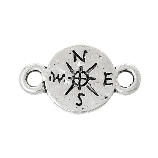 Immagine di Lega di Zinco Viaggi Connettore Accessori Tondo Argento Antico Bussola Disegno 16mm x 9mm, 50 Pz