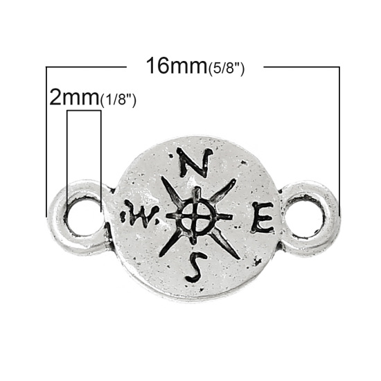 Immagine di Lega di Zinco Viaggi Connettore Accessori Tondo Argento Antico Bussola Disegno 16mm x 9mm, 50 Pz