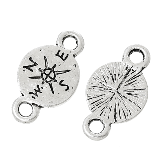 Immagine di Lega di Zinco Viaggi Connettore Accessori Tondo Argento Antico Bussola Disegno 16mm x 9mm, 50 Pz