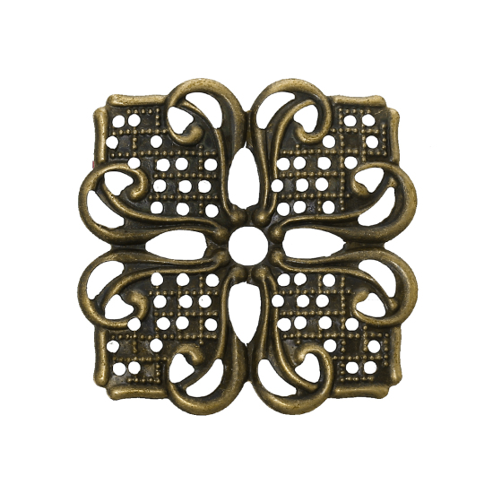 Picture of Embellishments Findings Filigree Stamping Wraps Connectors Square Antique Bronze Flower Pattern 3.5cm x 3.5cm(1 3/8" x1 3/8"), 100 PCs