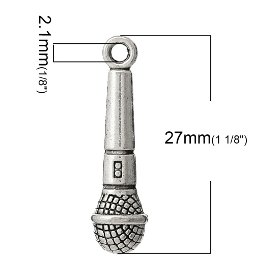 Picture of Zinc Metal Alloy Charm Pendants Microphone Antique Silver Color 27mm(1 1/8") x 7mm( 2/8"), 50 PCs