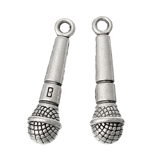 Picture of Zinc Metal Alloy Charm Pendants Microphone Antique Silver Color 27mm(1 1/8") x 7mm( 2/8"), 50 PCs