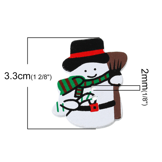 Picture of Natural Wood Sewing Buttons Scrapbooking 2 Holes Christmas Snowman White 33mm(1 2/8") x 29mm(1 1/8"), 5 PCs