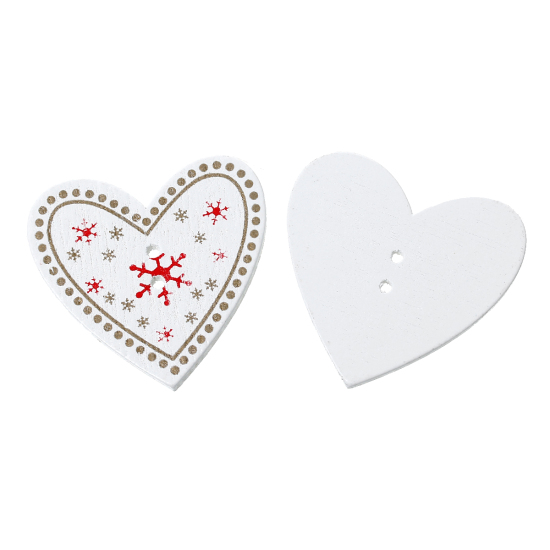 Picture of Wood Sewing Buttons Scrapbooking 2 Holes Heart White Christmas Snowflake Pattern 3.5cm(1 3/8") x 3.3cm(1 2/8"), 50 PCs