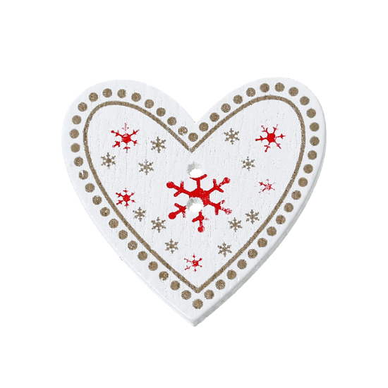 Picture of Wood Sewing Buttons Scrapbooking 2 Holes Heart White Christmas Snowflake Pattern 3.5cm(1 3/8") x 3.3cm(1 2/8"), 50 PCs