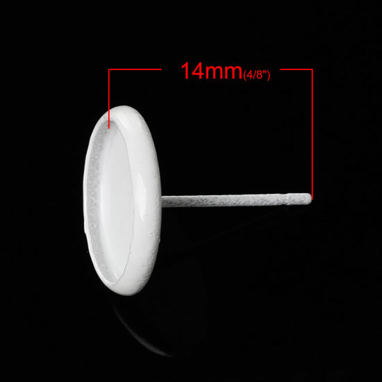 Picture of Brass Ear Post Stud Earrings Cabochon Settings Round White Painting (Fits 10mm Dia) 14mm x 12mm( 4/8" x 4/8"), Post/ Wire Size: (21 gauge), 50 PCs                                                                                                            