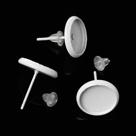 Picture of Brass Ear Post Stud Earrings Cabochon Settings Round White Painting (Fits 10mm Dia) 14mm x 12mm( 4/8" x 4/8"), Post/ Wire Size: (21 gauge), 50 PCs                                                                                                            