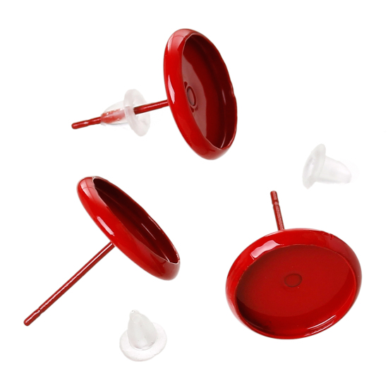 Image de Boucles d'Oreilles Supports à Cabochons en Laiton Forme Rond Rouge avec Embouts (Cabochon Rapportable 12mm Dia.) 14mm x 14mm, Epaisseur de Fil: (21 gauge), 30 Pcs